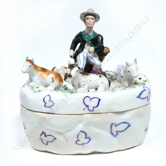 STAFFORDSHIRE? WHITE OVAL BUTTER BOX, FARMER & COWS, RESTORED, H.140mm
