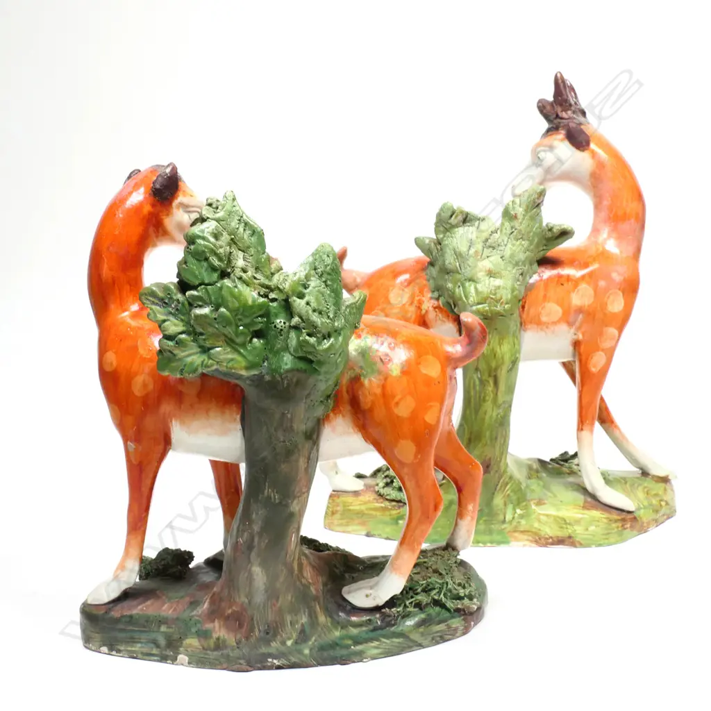 EARLY 1800S STAFFORDSHIRE FIGURE PAIR OF DOE &STAG STANDING WITH BOCCAGE, SOME RESTORATION, H.150mm Image 1++