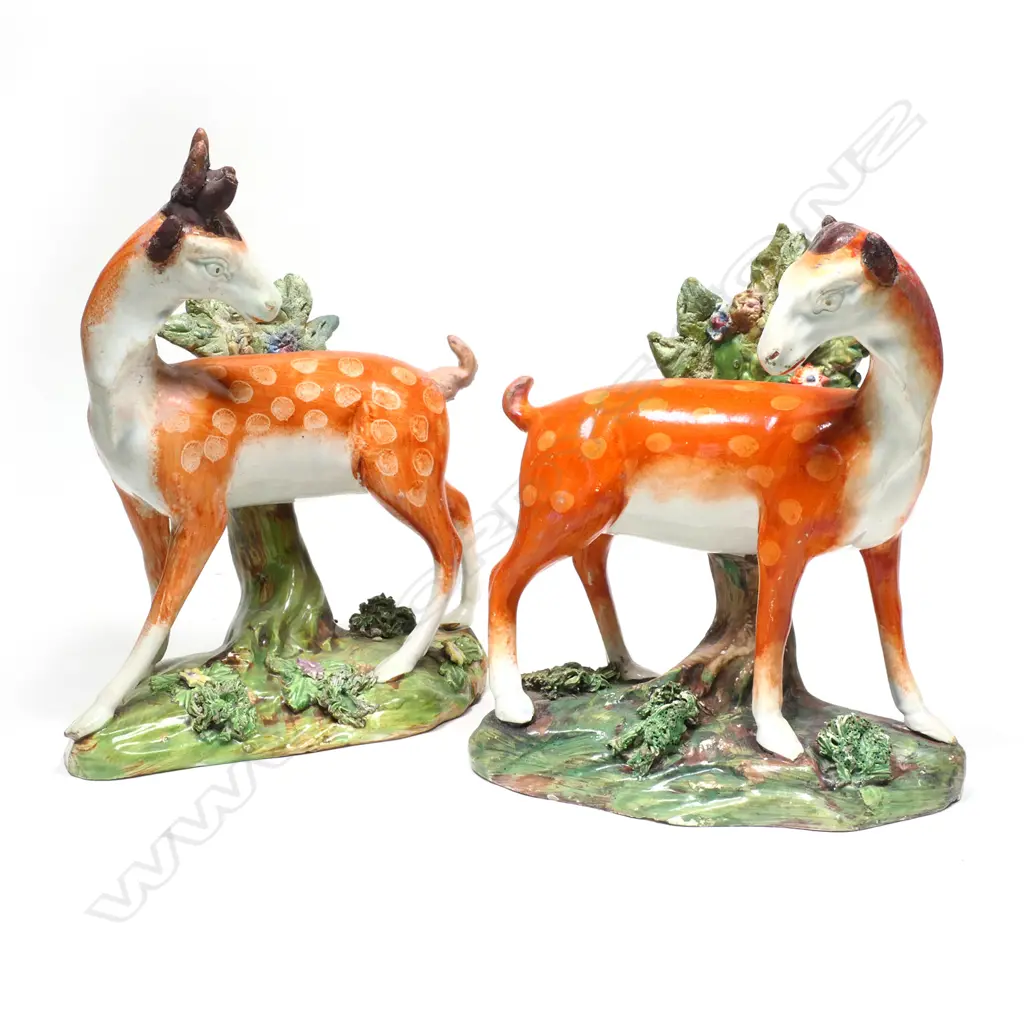 EARLY 1800S STAFFORDSHIRE FIGURE PAIR OF DOE &STAG STANDING WITH BOCCAGE, SOME RESTORATION, H.150mm Image 1++