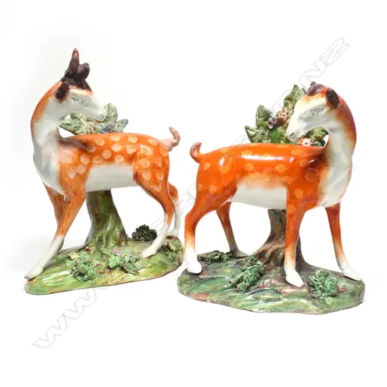 EARLY 1800S STAFFORDSHIRE FIGURE PAIR OF DOE &STAG STANDING WITH BOCCAGE, SOME RESTORATION, H.150mm