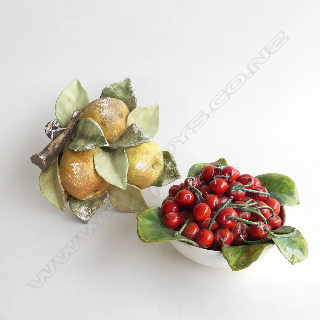 VINTAGE POTTERY PEAR WALL HANGING  (H 210mm)+  BOWL PORCELAIN CHERRIES (Dia.210mm) BOTH HAVE SOME AGE WEAR Image 1++
