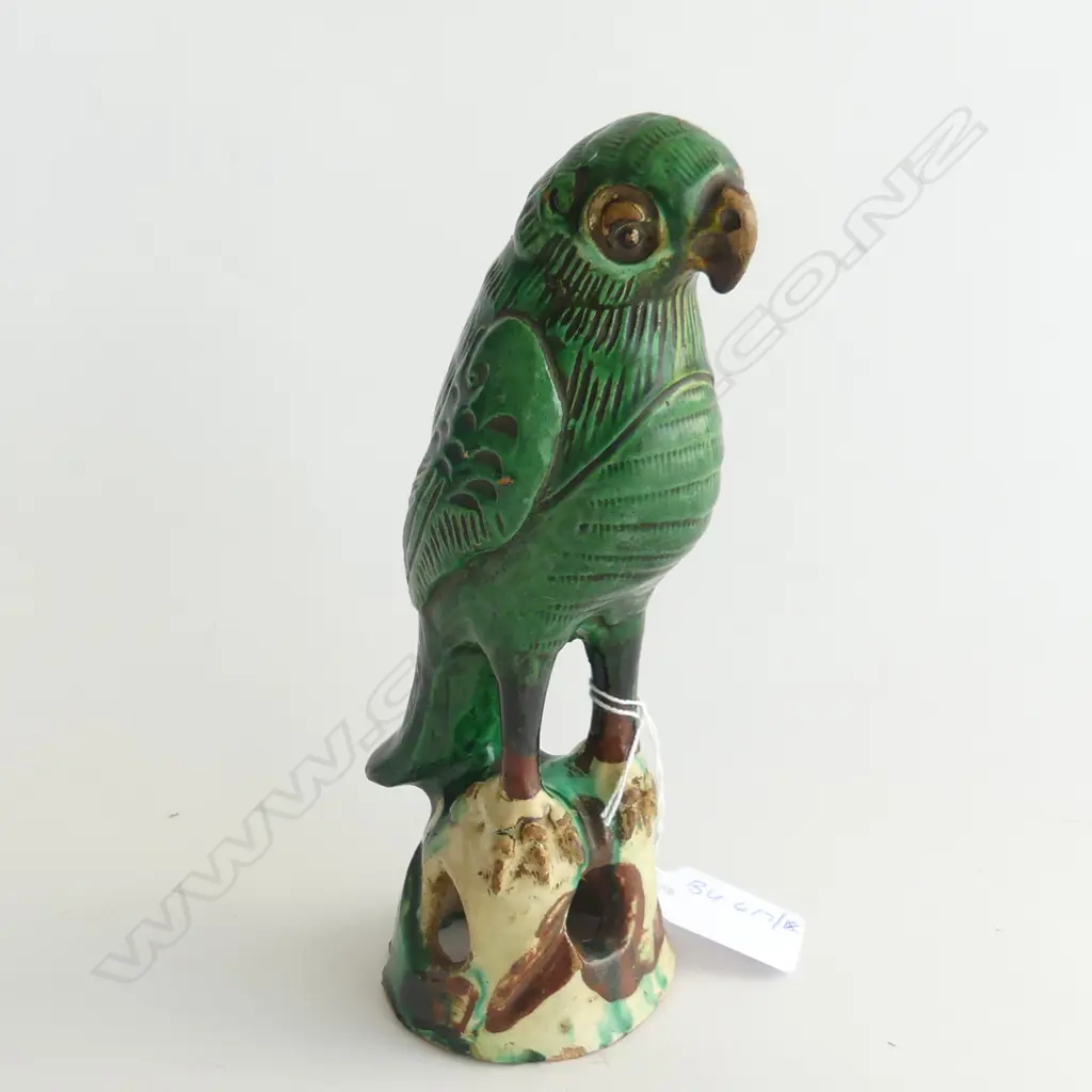 VINTAGE ORIENTAL GREEN GLAZED CERAMIC PARROT H.220mm Image 1++