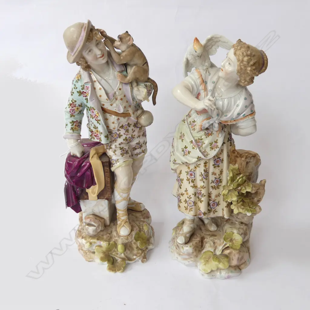 PR 19thC MEISSEN STYLE FIGURINES; MAN w. MONKEY, LADY w. BIRD (some repair) H.290mm Image 1++
