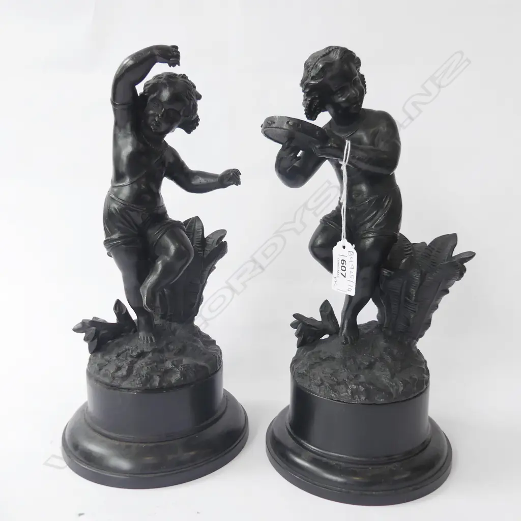 PR BLACK PAINTED SPELTER DANCING CHERUBS ON PLINTHS H.290mm Image 1++