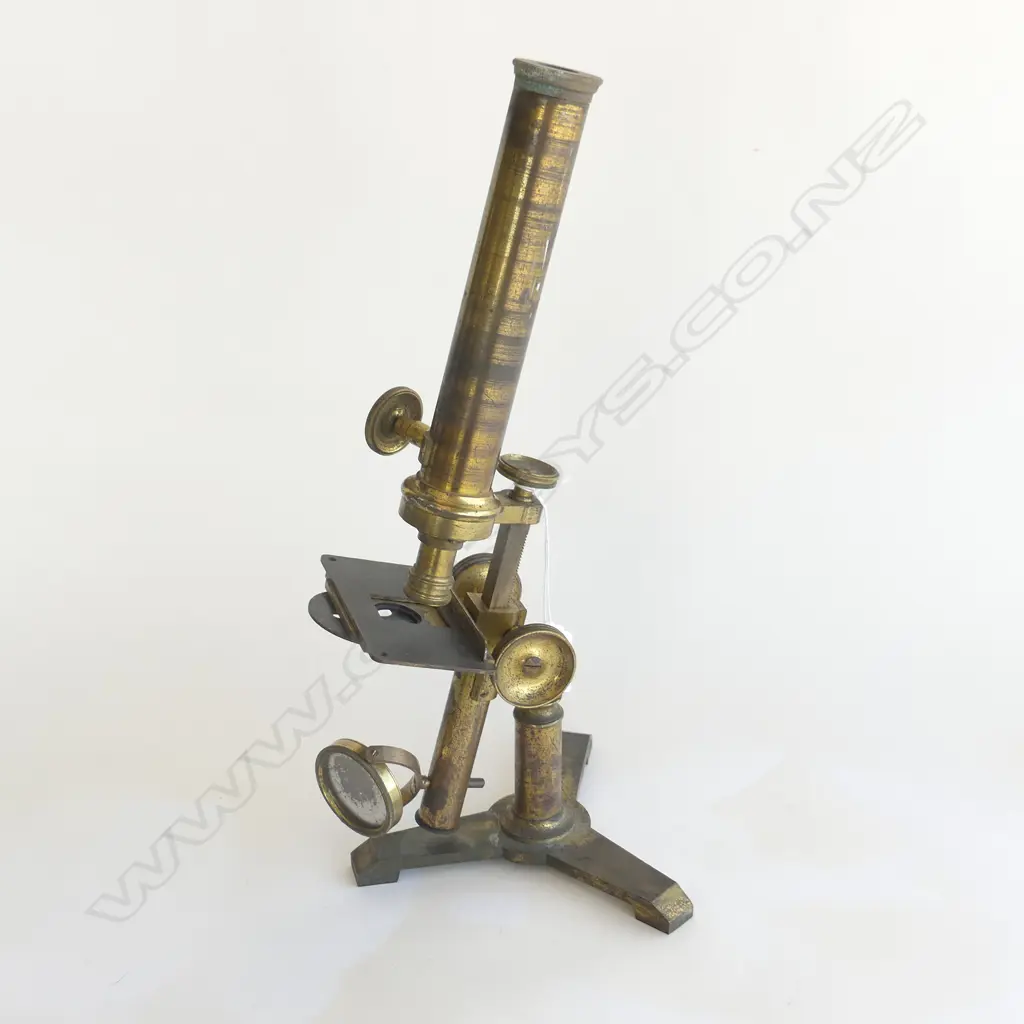 19thC BRASS MONOCULAR COMPOUND MICROSCOPE on TRIPOD BASE Image 1++