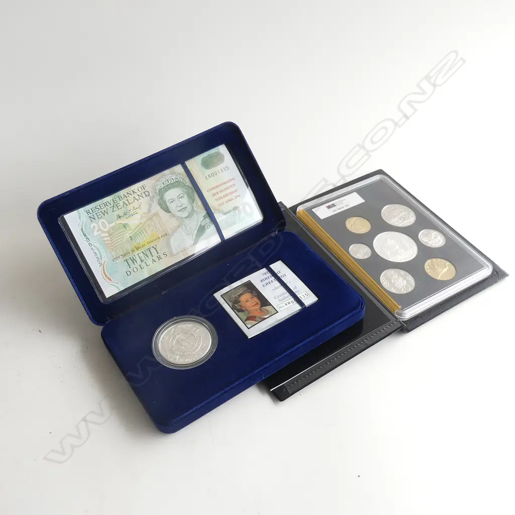 1996 NZ QEII 70TH B/DAY $20 BANKNOTE + $5 PROOF COIN SET + 1991 NZ PROOF SET Image 1++