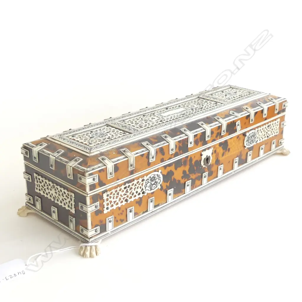 EASTERN TORTOISESHELL & IVORY DRESSING TABLE CASKET BOX w LION'S PAW FEET. W.300mm Image 1++