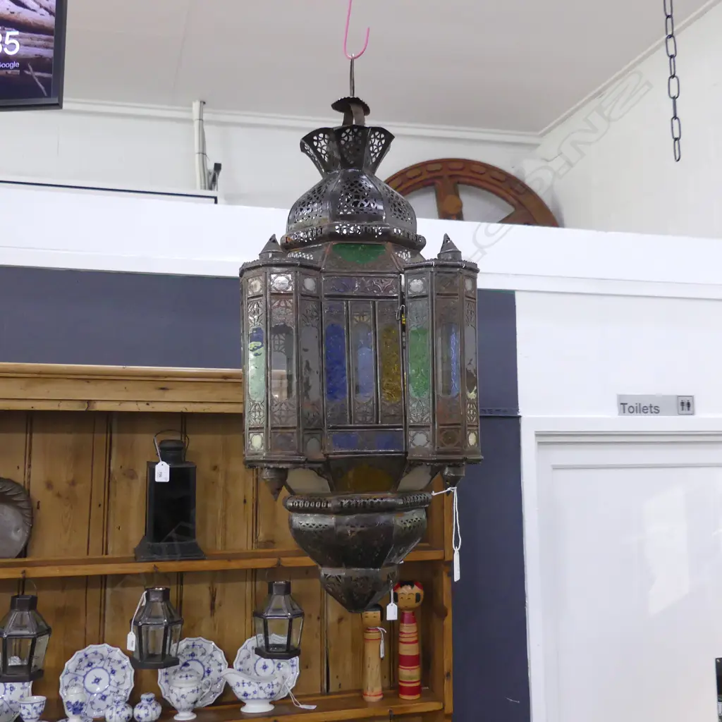 VINTAGE LGE MULTICOLORED MOROCCAN GLASS LANTERN H.600mm Image 1++