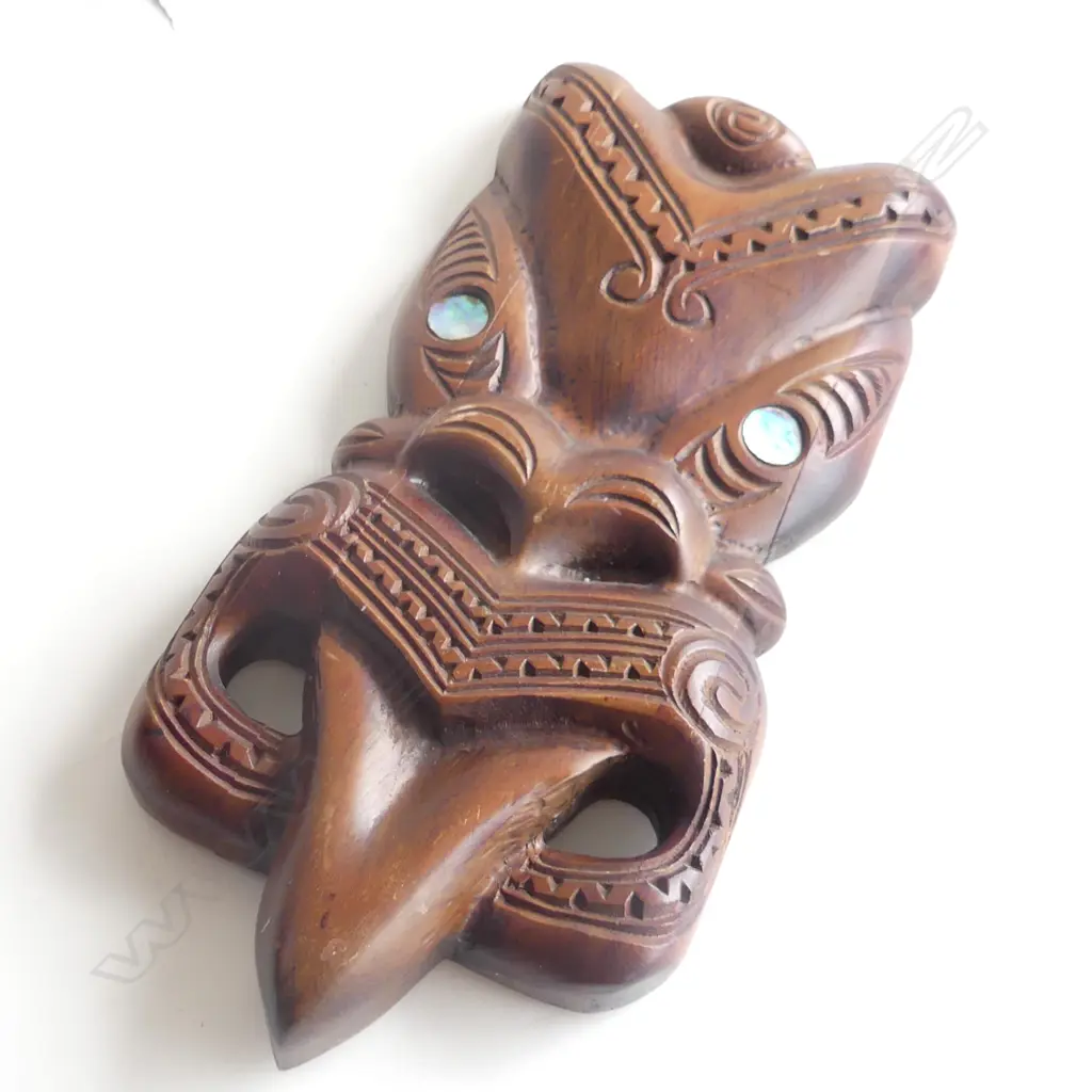 CARVED WOODEN MAORI TIKI MASK 'A RANGATIRA SOUVENIR' H.410mm Image 1++