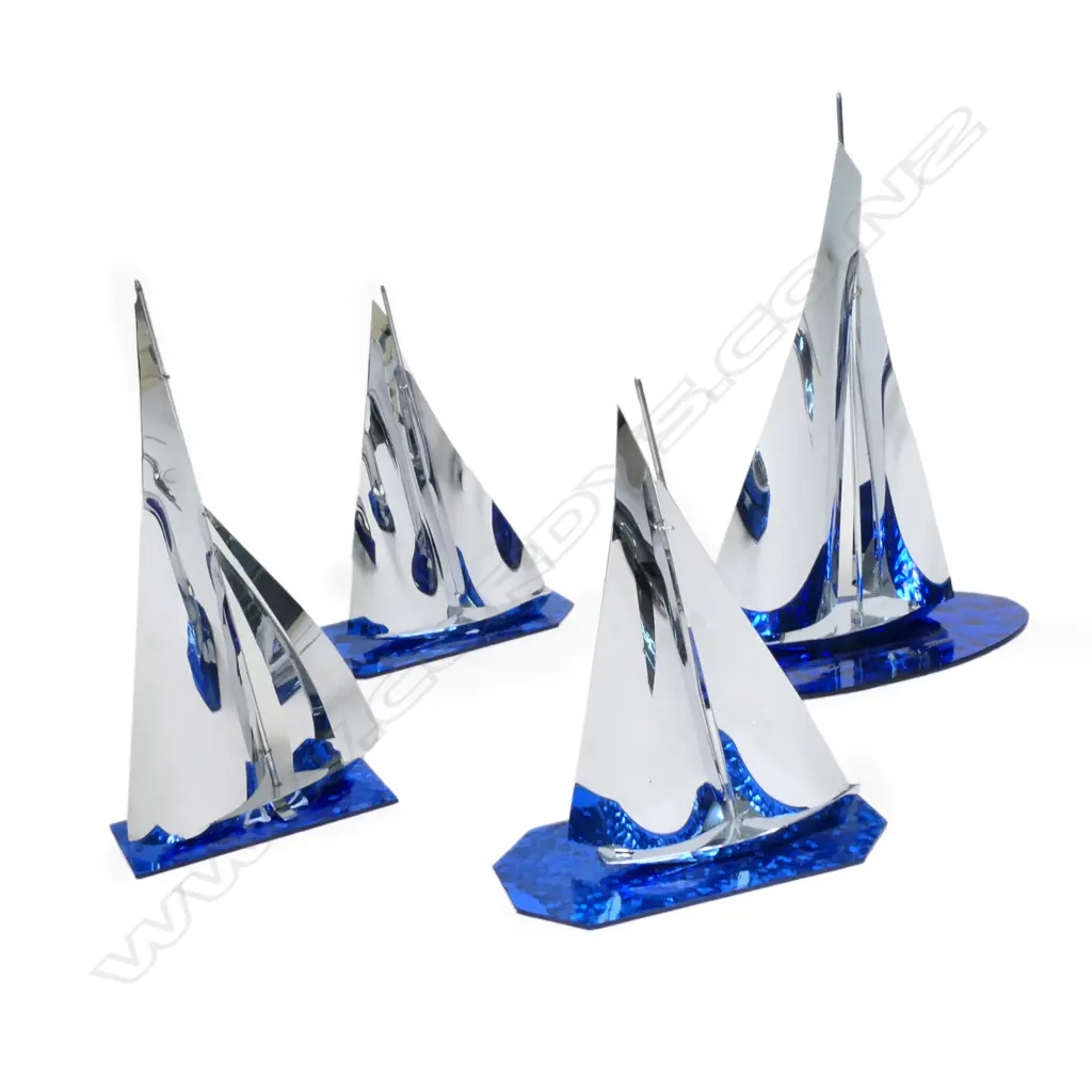 4 ART DECO CHROME YACHTS, ON DARK BLUE GLASS BASES, H.270-350mm Image 1++