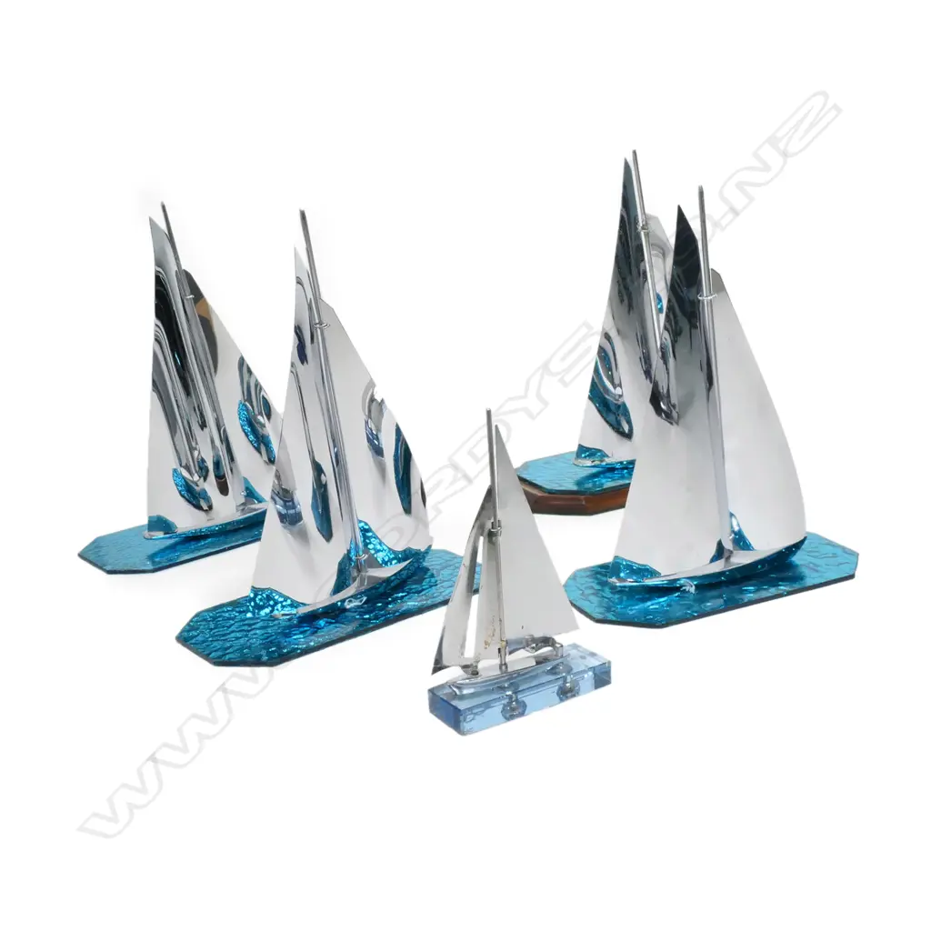 5 ART DECO CHROME YACHTS, ON TEAL & PALE BLUE GLASS BASES (1 WOODEN), H.160-270mm Image 1++
