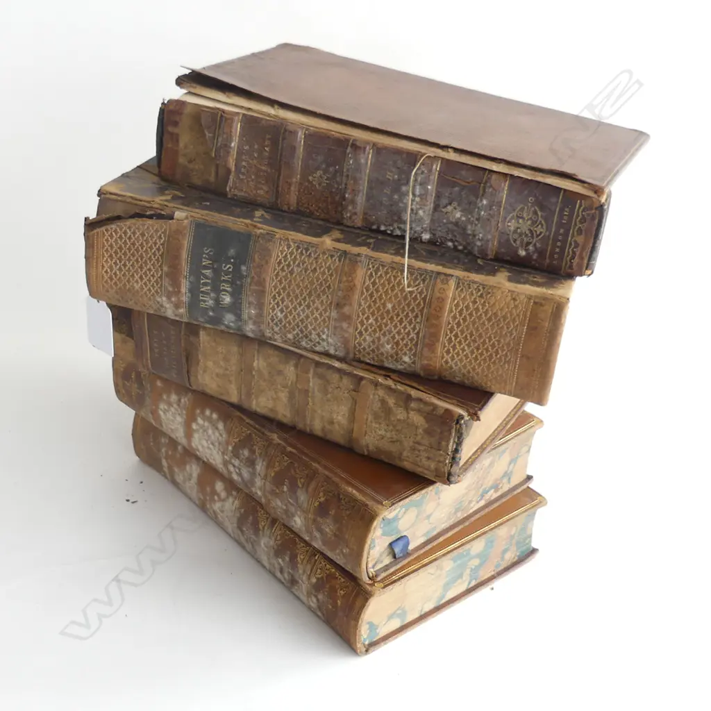 5 VICT LAETHER BOUND BOOKS/BUNYANS WOKS/HEBREW LATIN AND ENGLISH ETC A.F. Image 1++