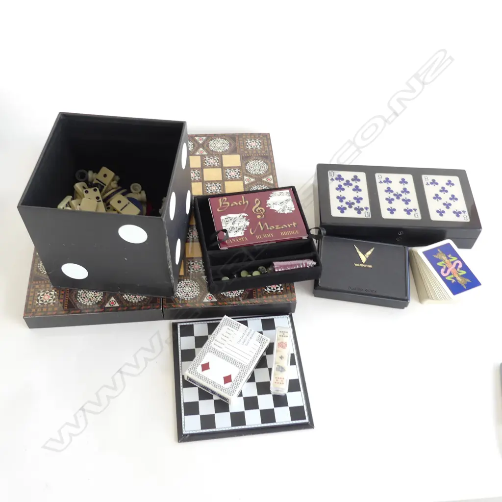 BOX GAMES; PLAYING CARDS (AS NEW) BRIDGE SET, DICE, LACQUER BACKGAMMON/CHESS BOARD ETC.. Image 1++