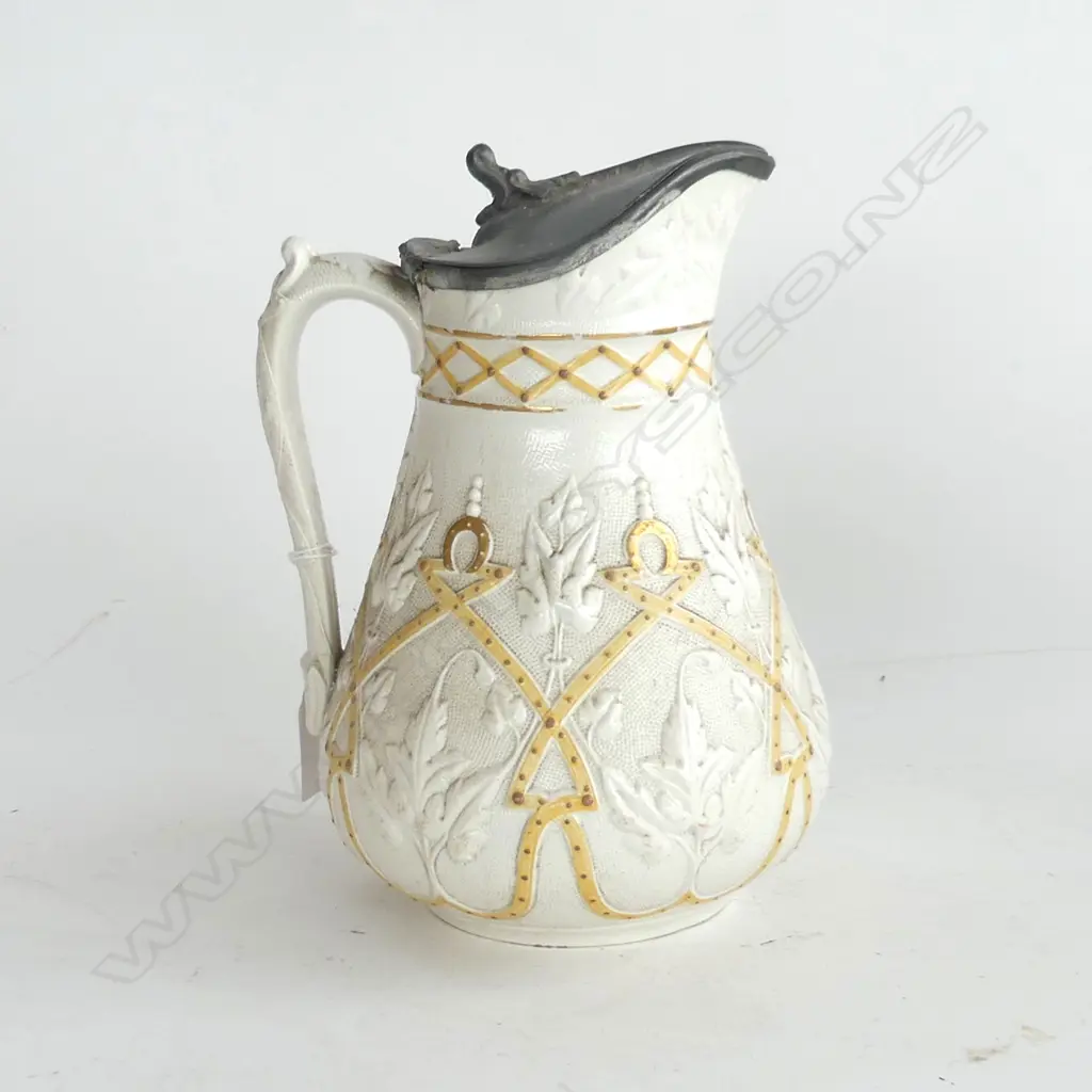 VINTAGE PARIAN WARE JUG WITH.PEWTER LID (HINGE A.F.) DIAMOND STAMP TO BASE H.240mm Image 1++