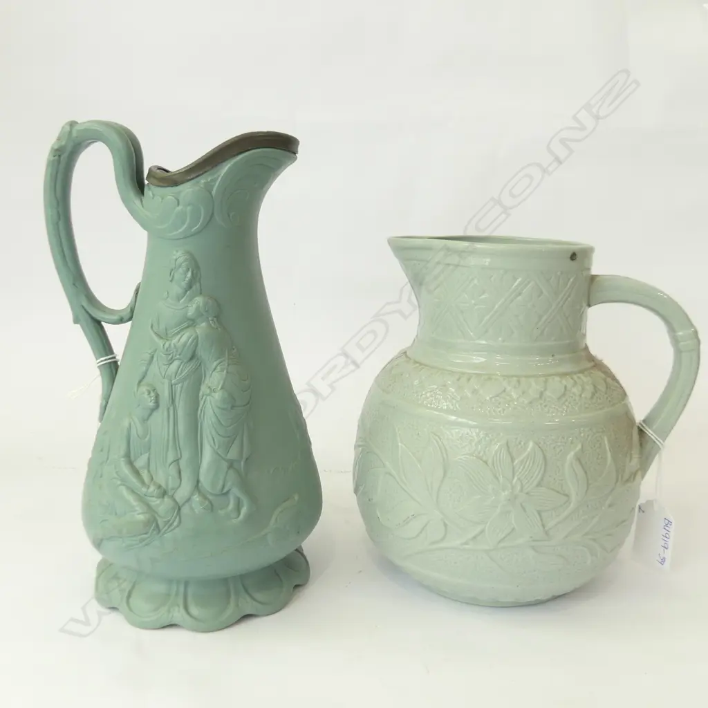 2 BLUE PARIAN JUGS, 1 'NAOMI & HER DAUGHTERS-IN-LAW C1847 (H.235mm) + 1 OTHER (H.195mm) Image 1++
