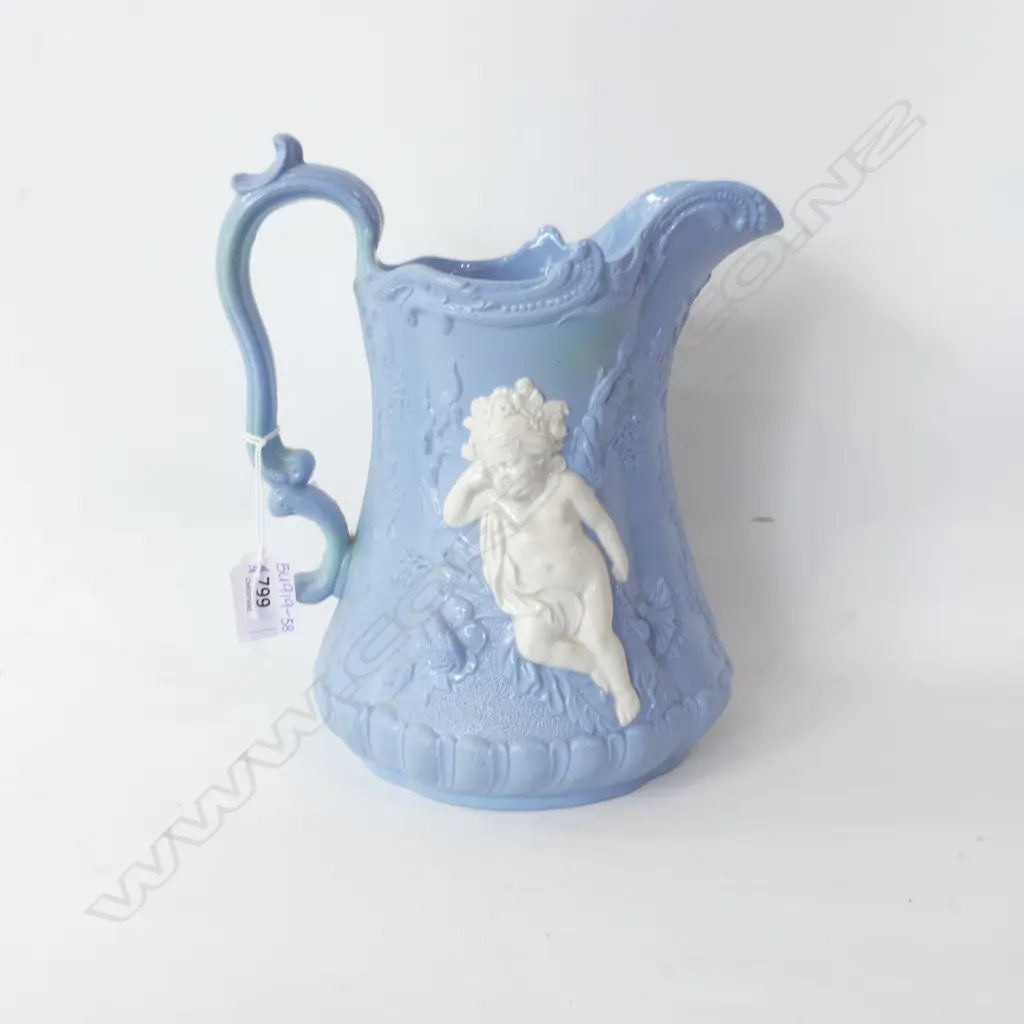 LG ANTIQUE CORK & EDGE PARIAN BLUE JUG WITH WHITE RELIEF CHERUBS H.245mm Image 1++