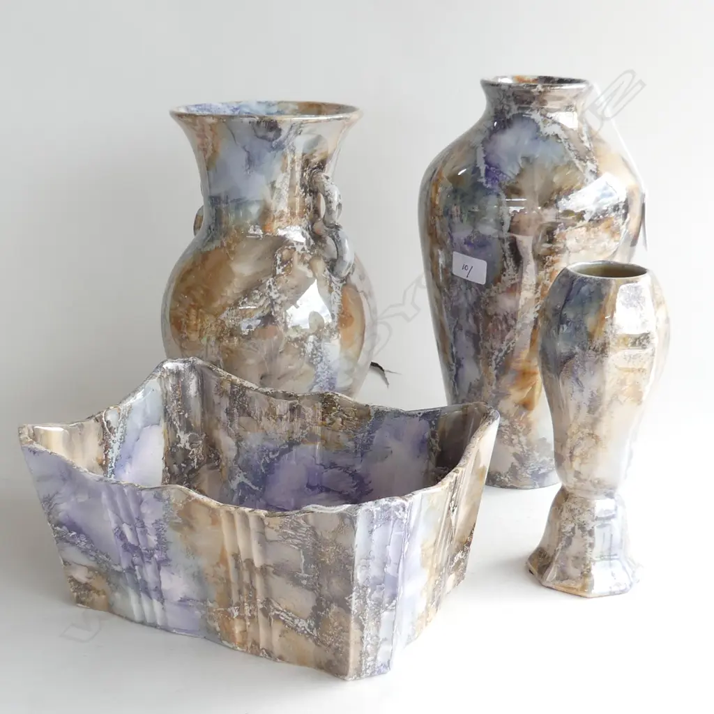 4 PCS VINTAGE AAA ARABIA POTTERY FINLAND, MARBLE GLAZE, 3 VASES (H.180, 250, & 280mm) + TROUGH L.220mm  C1928-1932 Image 1++