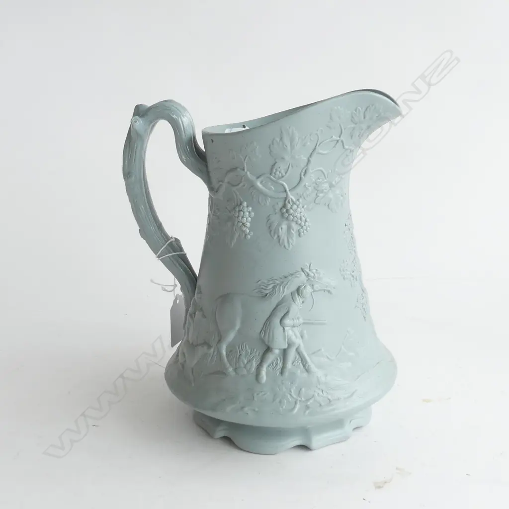 EDWARD WALLEY BLUE PARIAN JUG, HUNTING SCENE - DIAMOND DATE STAMP TO BASE H.230mm Image 1++