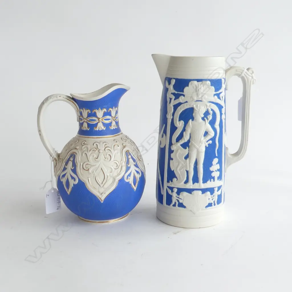 2 ANTIQUE JUGS; W BROWNFIELD COBRIDGE TYROL RELIEF MOULDED BLUE & WHITE SALT GLAZE (H.200mm) + 1 B&W SALT GLAZE H.230mm Image 1++