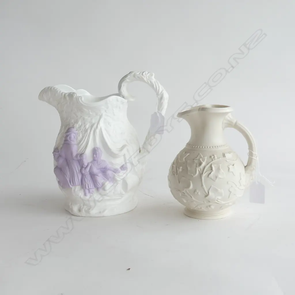 2 SAMUEL ALCOCK PARIAN WARE;  LAVENDER GLAZE PITCHER (A.F.) (H 230mm) & IVY EMBOSSED JUG (H.180mm) Image 1++