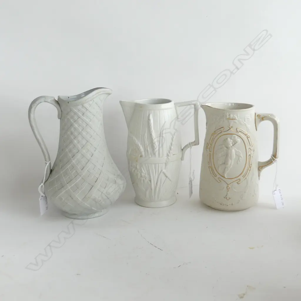 3 ANTIQUE PARIAN JUGS INC. W BROWNFIELD & SON C1842 CUPID JUG (H170mm) + WHEATSHEAF (H175mm) & BASKET WEAVE (H.210mm) Image 1++