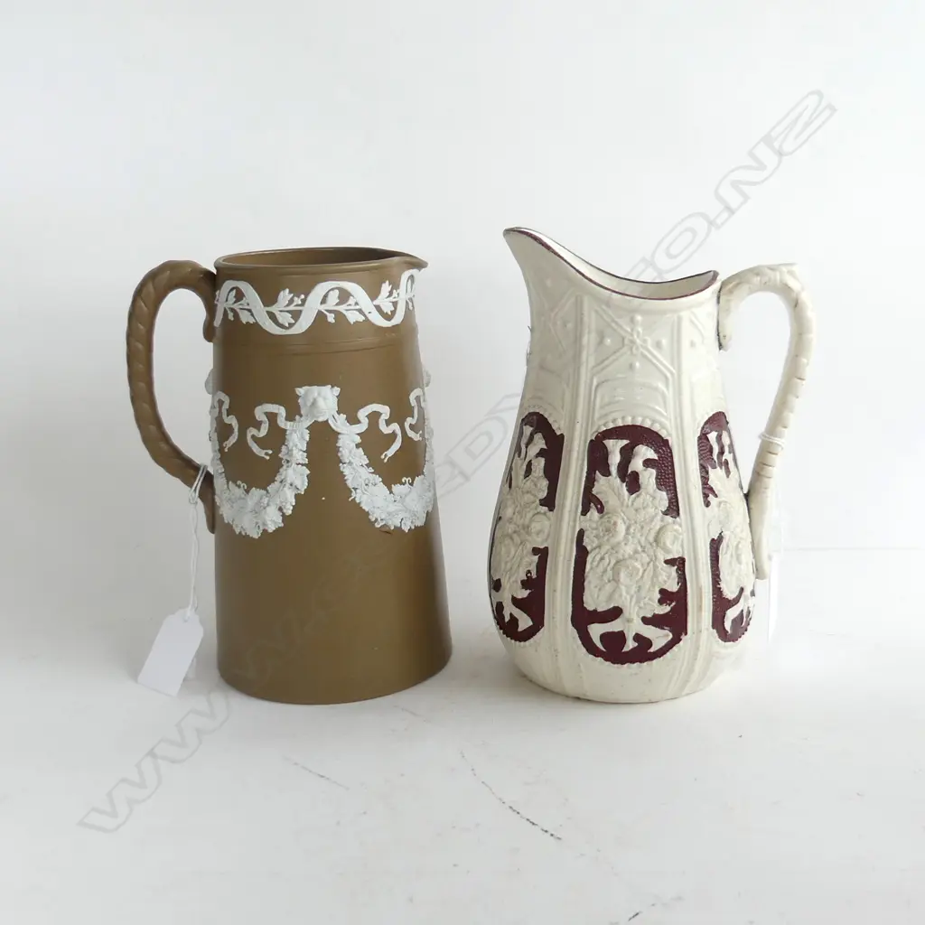 2 VINTAGE PARIAN JUGS, 1 BROWN ON WHITE (H190mm) & 1 PAXION WHITE ON BROWN (H175mm) Image 1++