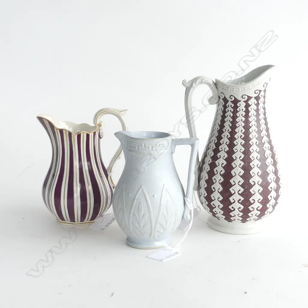 3 ANTIQUE JUGS;  STONEWARE STRIPED JUG (H150mm) ARGYLE RELIEF SALT GLAZE JUG (H.200mm) & ARGOS RELIEF MOULDED JUG (H.130 Image 1++