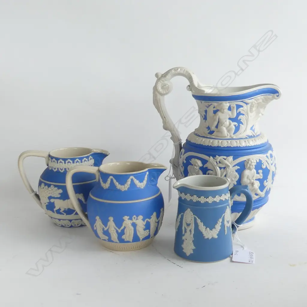 CHARLES MEIGH BLUE & WHITE PARIAN JUG REG. 1852 (H.215mm) + 2 COPELAND SPODE B&W PARIAN WARE MILK JUGS (H.100mm) + 1 OTH Image 1++