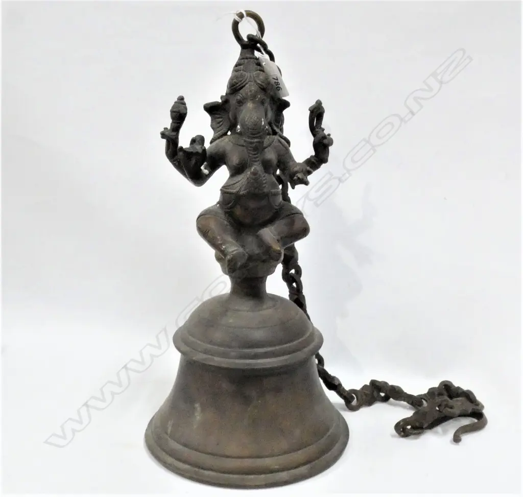 BRONZE BELL SURMOUNTED BY GANESH FIGURE, SUSPENDED ON CHAIN. H.360mm excl chain Image 1++