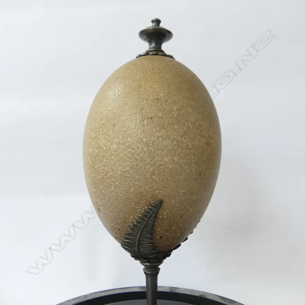 ANTIQUE CARVED EGG (AF) ON SILVER PLATE STAND IN MODERN GLASS DOME H.270mm Image 1++