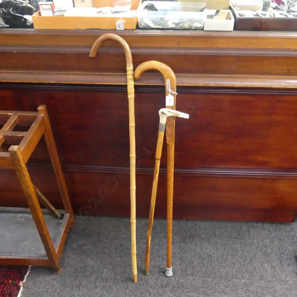 3 VINTAGE WALKING STICKS; CARVED BONE HANDLE, CARVED WOODEN, BAMBOO Image 1++