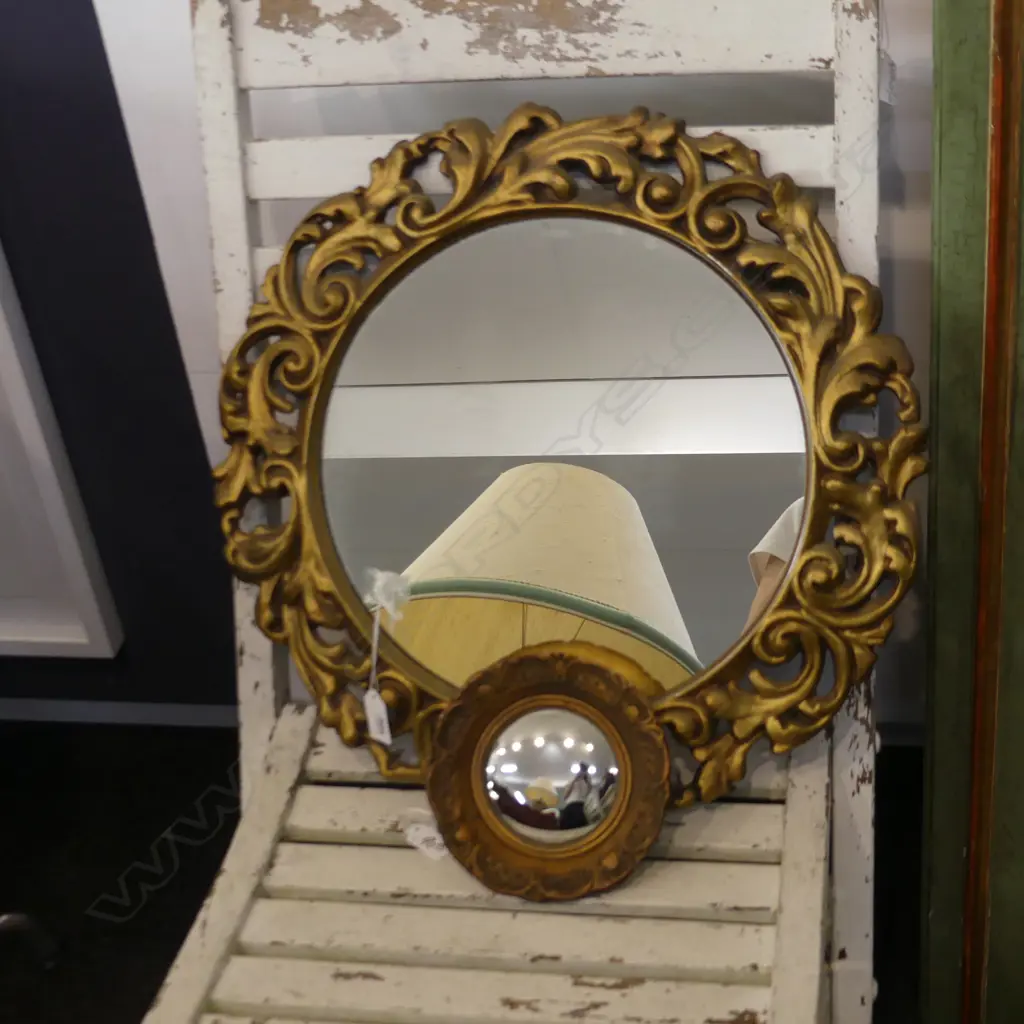 ROUND ORNATE GILT FRAMED WALL MIRROR - Dia.480mm + SMALL GILT FRAMED CONVEX MIRROR (Dia.160mm) Image 1++
