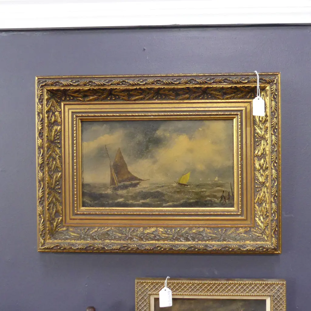DUTCH  SCHOOL OIL ON BOARD FISHING BOAT SIGNED W .K   180 x 300mm Image 1++