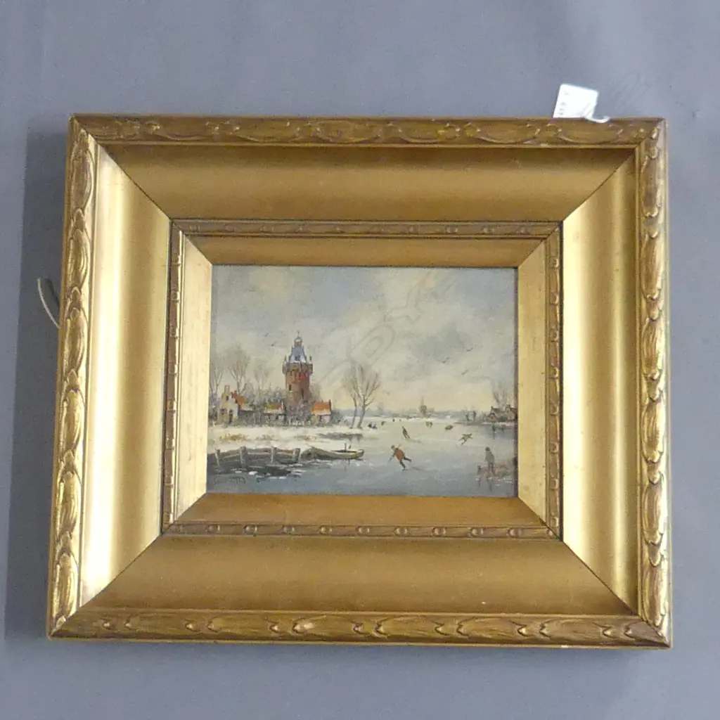 SIGNED OIL ON BOARD, DUTCH ICE SKATERS, 190 x 150mm. Image 1++