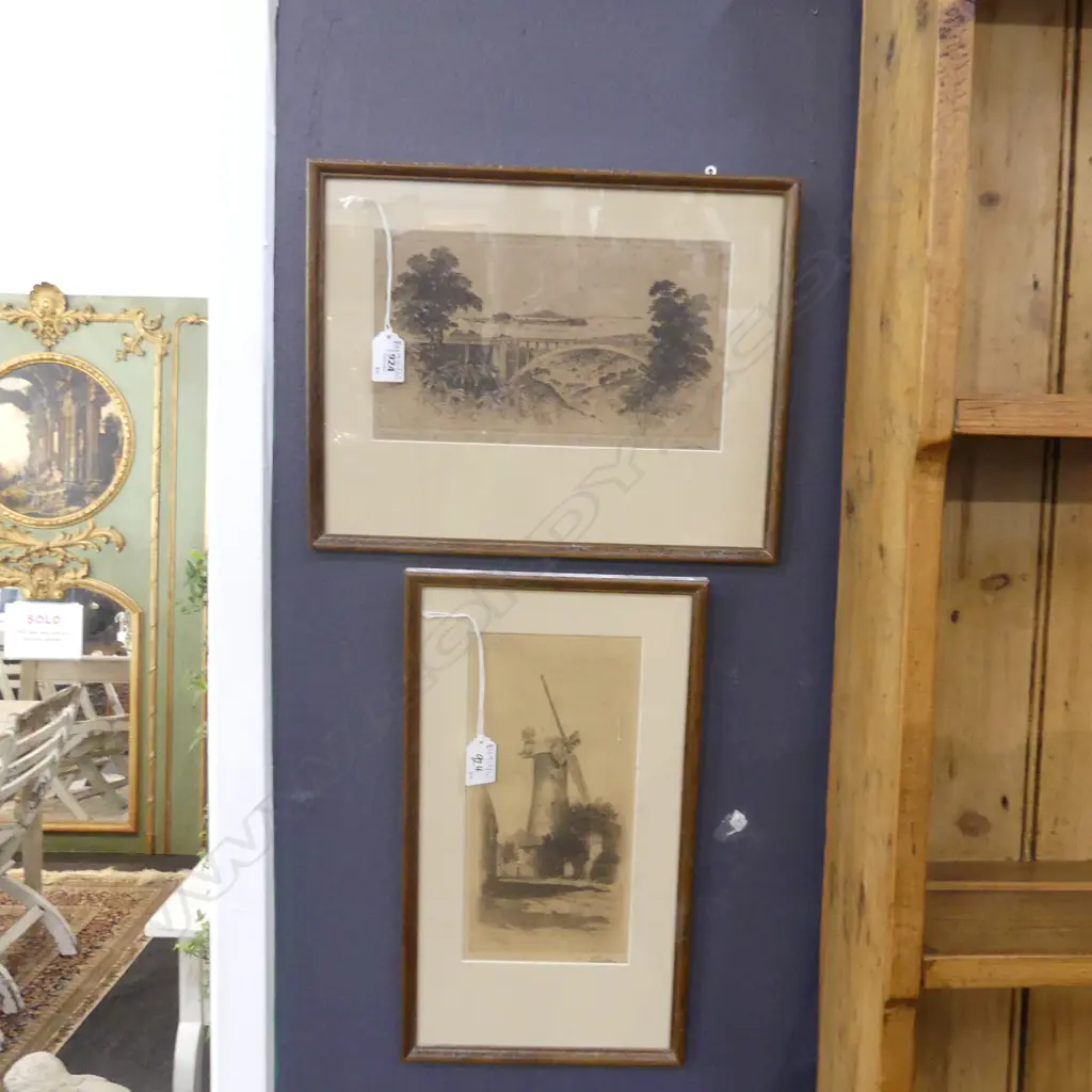 2 SIGNED J. D. SYDNEY ETCHINGS; PARTINGTON'S WINDMILL 260 x 125 & GRAFTON BRIDGE 150 x 250mm Image 1++