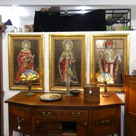 4 LGE HAND PAINTED GLAZED TILE ICONS  OF SAINTS, EACH 760 x 450mm