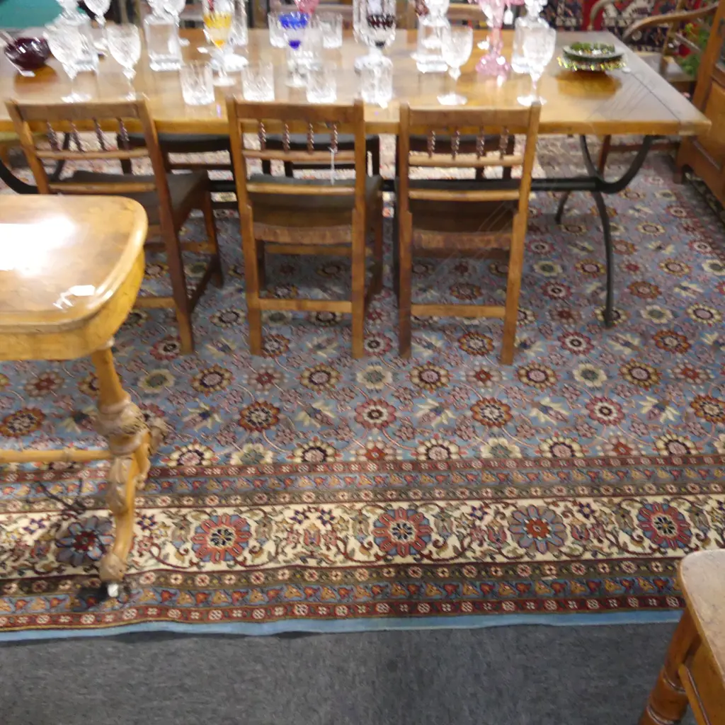 LGE PERSIAN HANDKNOTTED CARPET 4 x 3m. pale blue ground repeat pattern. Image 1++