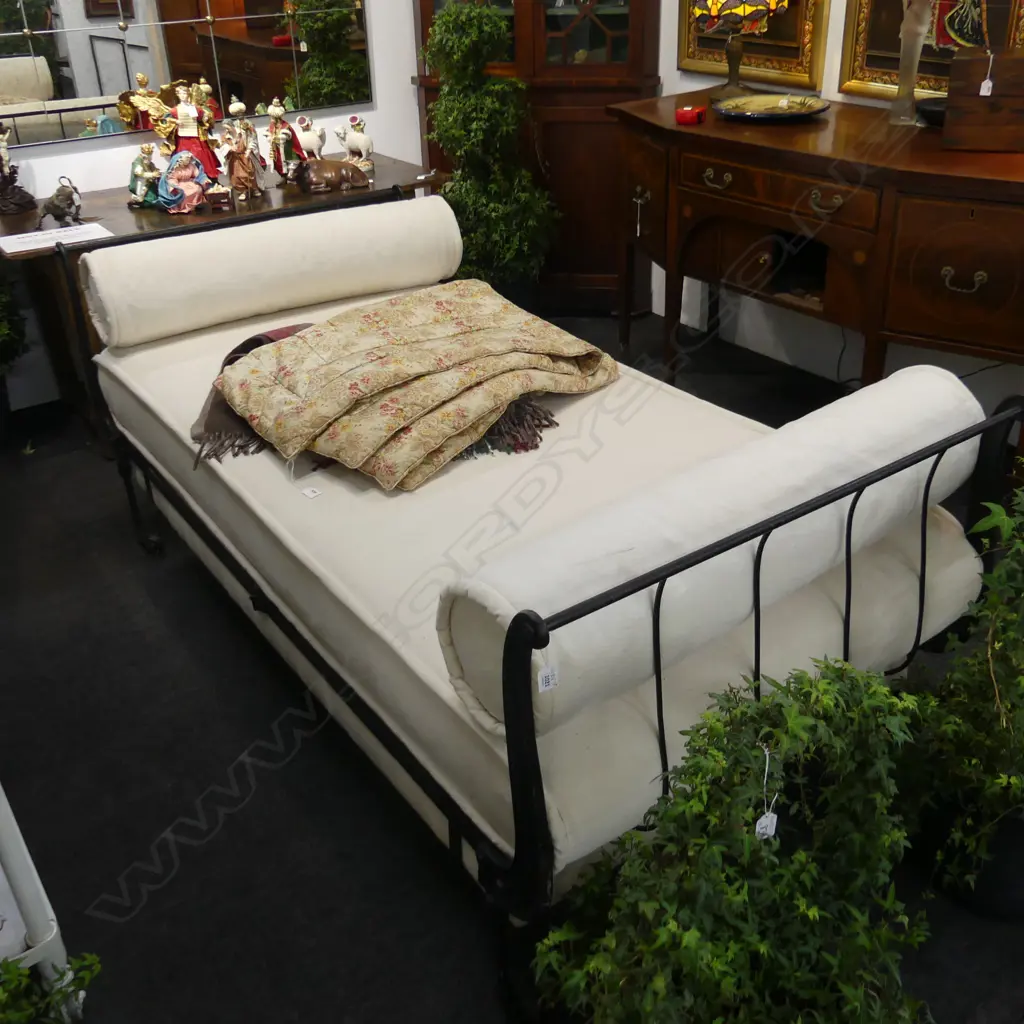 ANTIQUE  IRON FRAMED DAY BED W SQUAB & 2 x BOLSTERS. Original castors. L.1980mm Image 1++