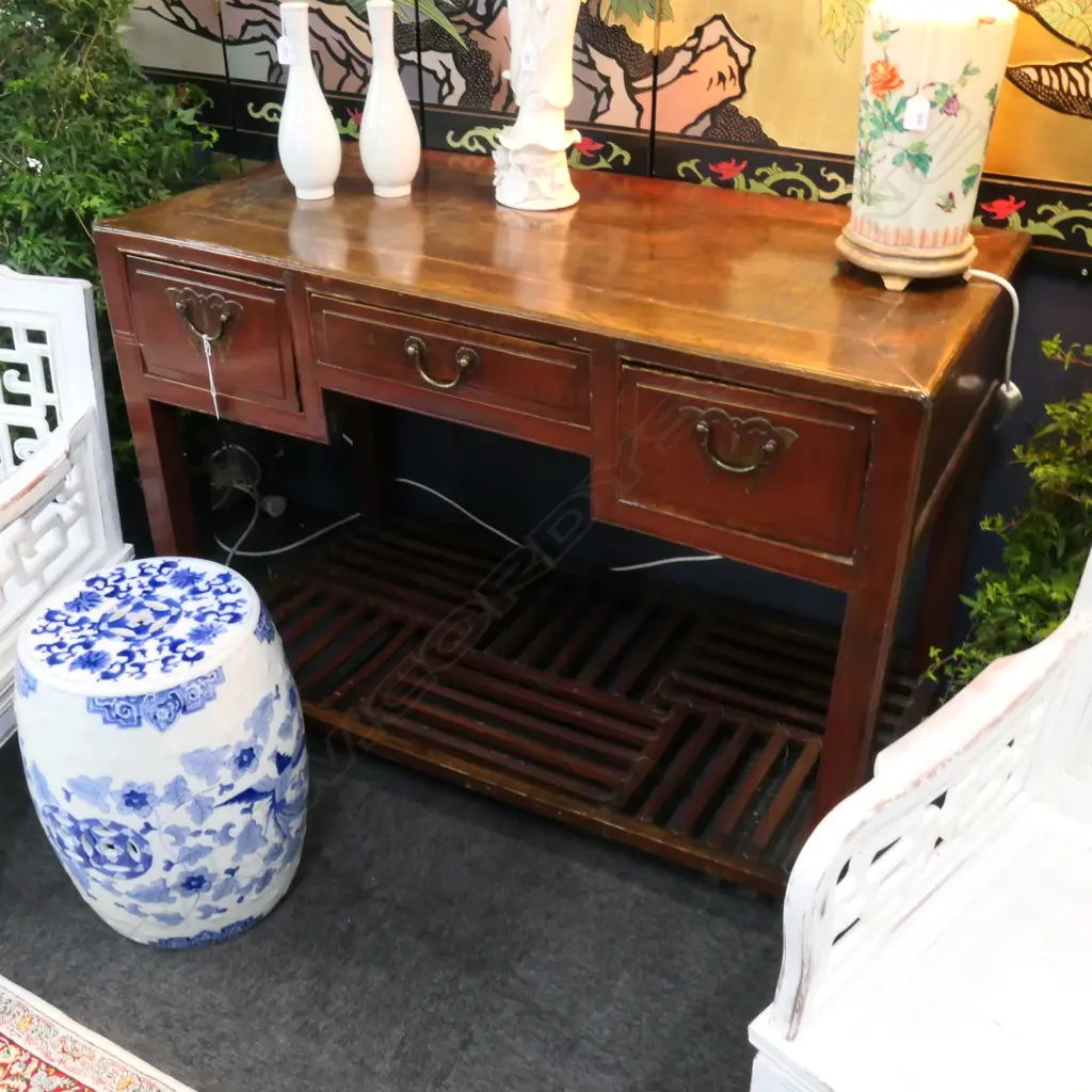 ANTIQUE CHINESE CONSOLE TABLE w. 3 DRAWERS & LATTICE SHELF 1160 x 585 x 830mm Image 1++
