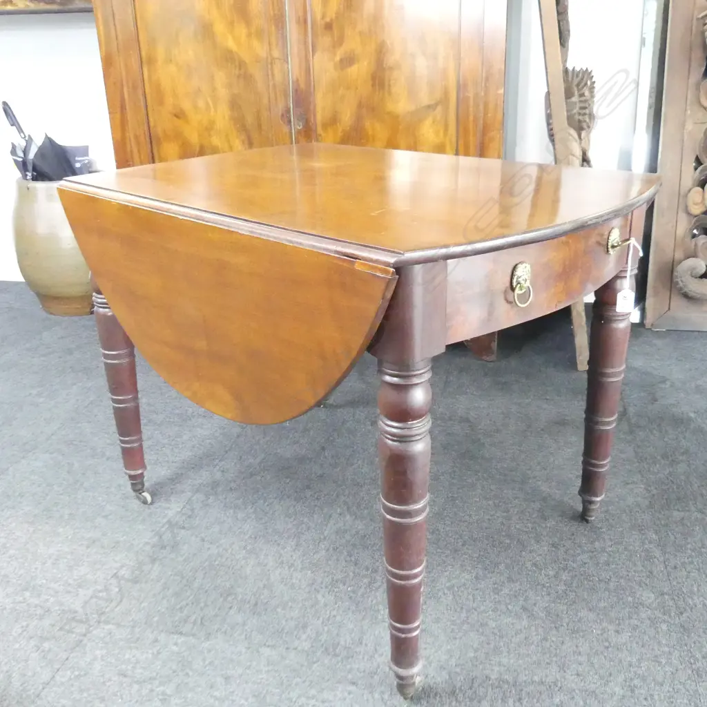 EARLY GEORGIAN WALNUT DROP LEAF TABLE w. CANNON BARREL LEGS & 2 DRAWERS... Image 1++