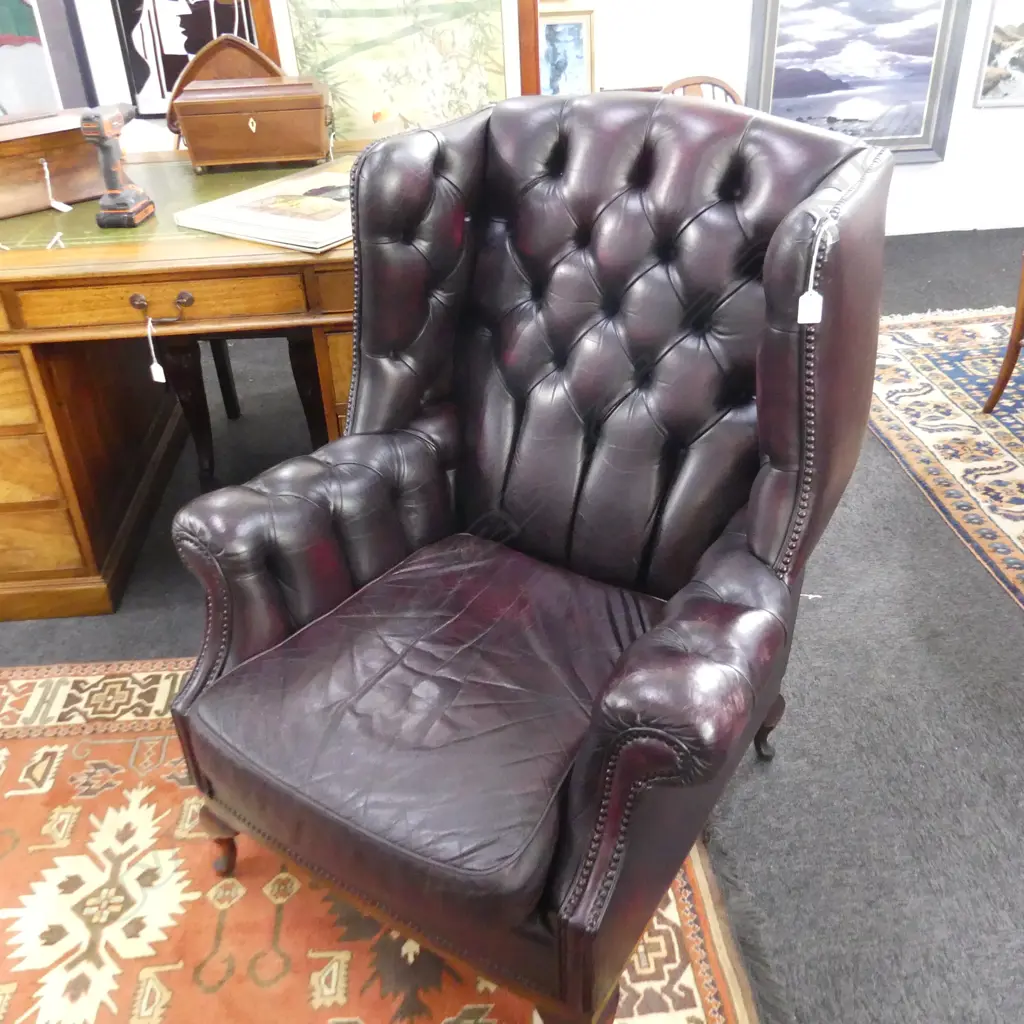 VINTAGE DARK CRIMSON LEATHER WING BACK CHAIR BY GASCOIGNE FURNITURE, AUST. Image 1++