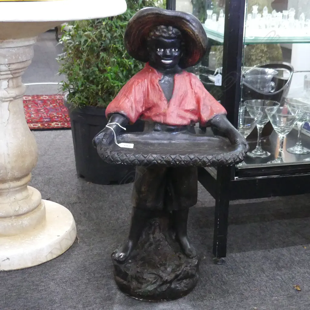VINTAGE PAINTED CONCRETE BOY HOLDING TRAY H.720mm Image 1++