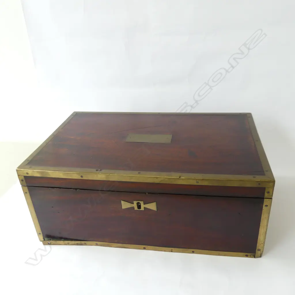 ANTIQUE BRASS BOUND MAHOGANY WRITING SLOPE W.410mm Image 1++