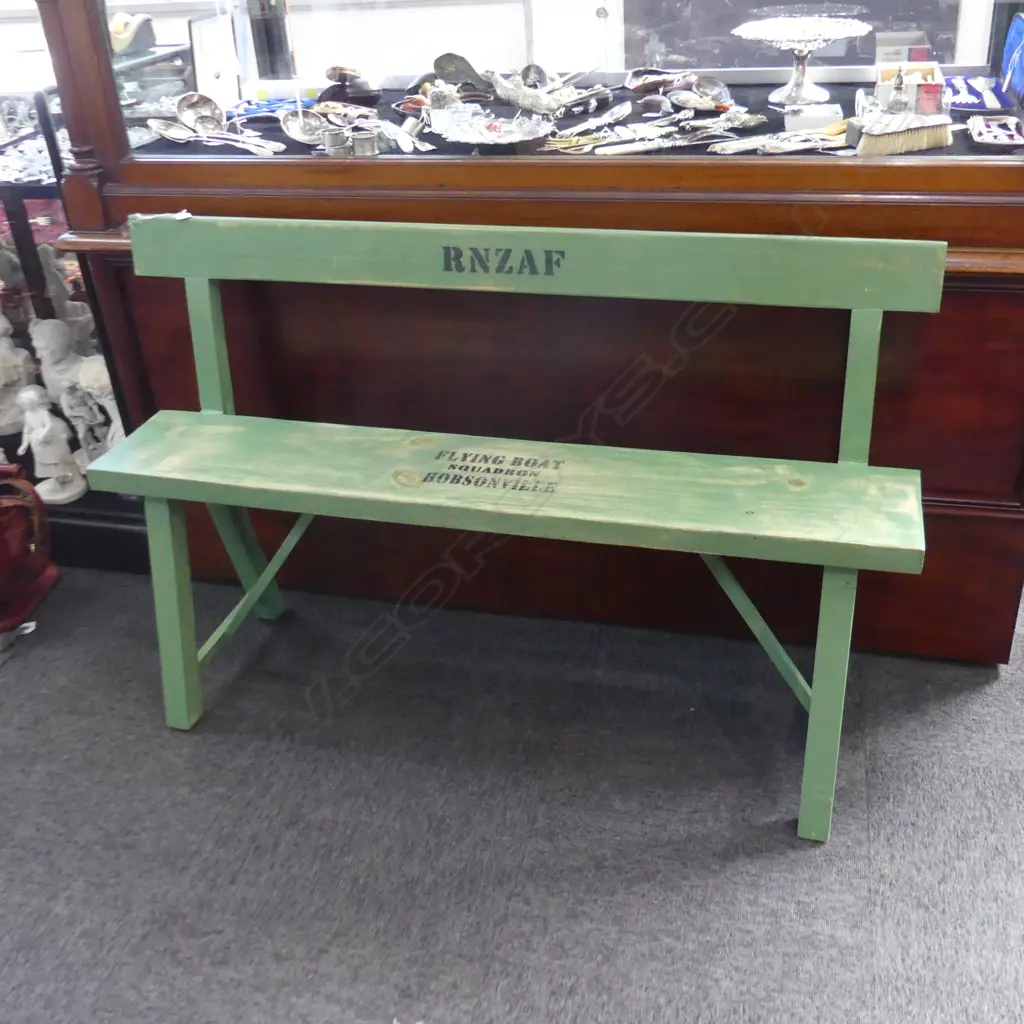 REPO GREEN PAINTED RNZAF FLYING SQUADRON BENCH SEAT L. 1300mm Image 1++