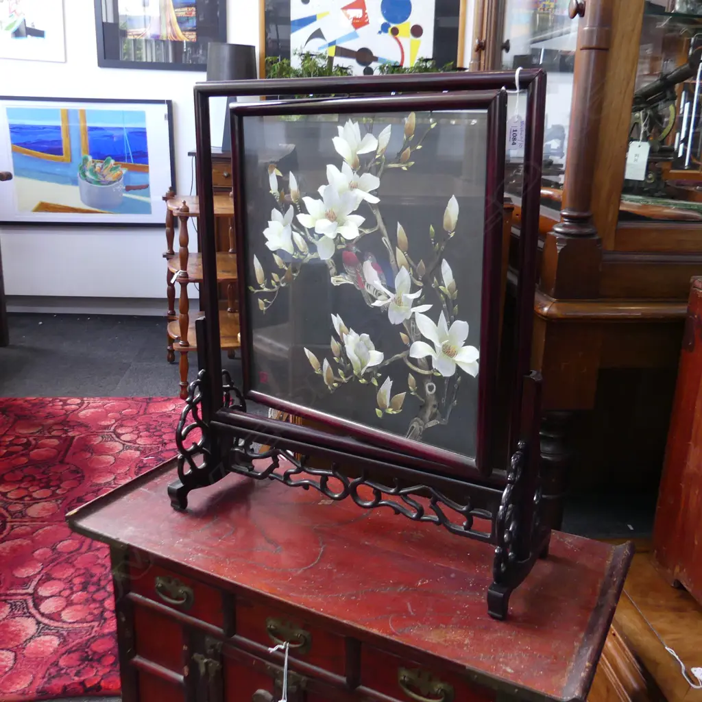 CHINESE EMBROIDERED SILK FLORAL ARTWORK IN ROTATING ROSEWOOD FRAME H.600mm Image 1++