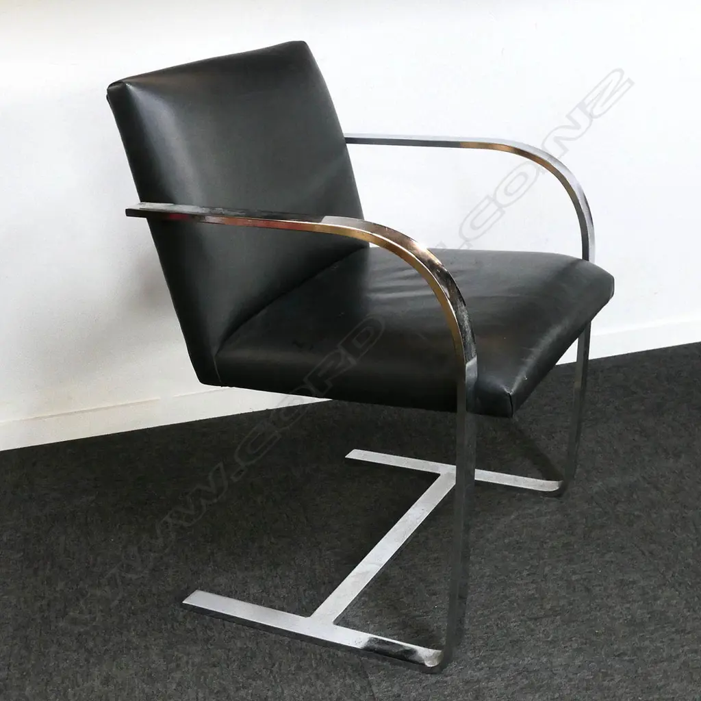 MILES VAN DER ROHE BRNO CHAIR, BLACK LEATHER & FLAT BAR FRAME, MINOR SCRATCHES TO SEAT Image 1++