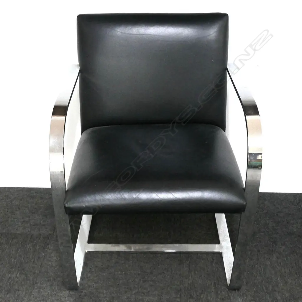 MILES VAN DER ROHE BRNO CHAIR, BLACK LEATHER & FLAT BAR FRAME, MINOR SCRATCHES TO SEAT Image 1++