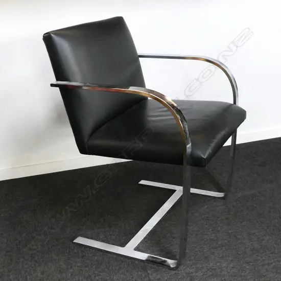 MILES VAN DER ROHE BRNO CHAIR, BLACK LEATHER & FLAT BAR FRAME, MINOR SCRATCHES TO SEAT