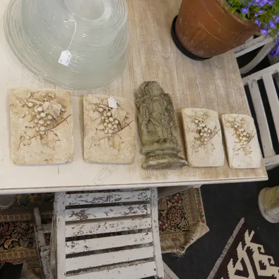 CONCRETE BUDDHA + FOUR CONCRETE WALL PLAQUES (BUDDHA H.280mm.)