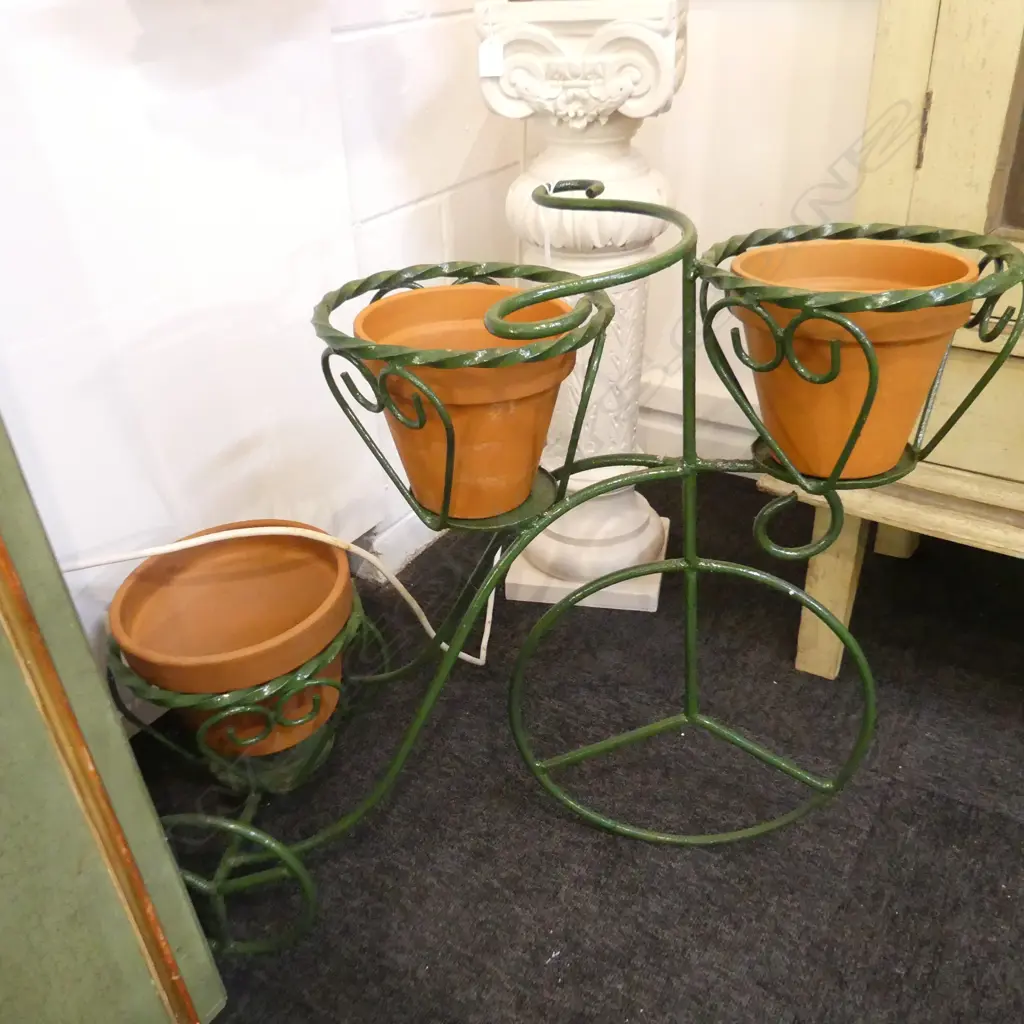 GREEN PAINTED WROUGHT IRON 'BICYCLE' 3 POT PLANTER L. 740mm Image 1++